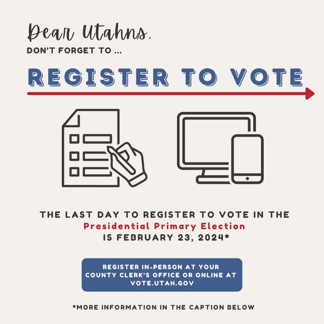 2024 is a BIG year for politics! Locally, statewide, and nationally, your voice matters! Register to vote by submitting a paper form at your county clerk's office or by visiting vote.utah.gov. Every vote counts! #PromoteTheVote #RegisterToVote
