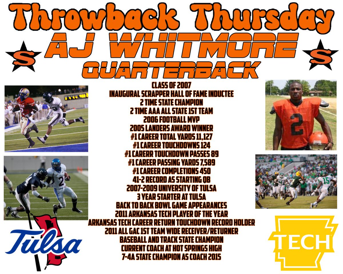 Nashville Scrapper Football (@scrapfootball) on Twitter photo Our Throwback Thursday is Scrapper LEGEND Aj Whitmore <a href="/CoachWhitmore/">AJ Whitmore</a>. Aj spent 3 years terrorizing opponents for the Scrappers. Aj is one of the most decorated Scrappers in School History. He would go on to plat the University of Tulsa and Arkansas Tech. Our Throwback Thursday is Scrapper LEGEND Aj Whitmore <a href="/CoachWhitmore/">AJ Whitmore</a>. Aj spent 3 years terrorizing opponents for the Scrappers. Aj is one of the most decorated Scrappers in School History. He would go on to plat the University of Tulsa and Arkansas Tech.