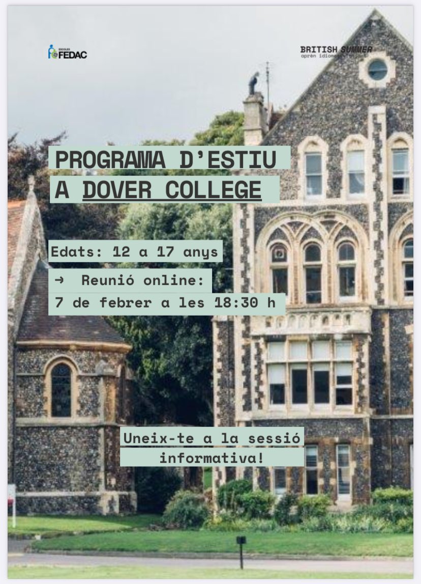 FEDACXarxa's tweet photo. Perquè tenim en ment tots els vostres #talents, estades lingüístiques al Dover College del Regne Unit durant l'estiu. 

Reunió informativa, organitzada per British Summer, en línia el dimecres 07 de febrer a les 18:30 h.

Apunta’t: https://t.co/gqWwt0fvxE

#talent #biofedacs #3L https://t.co/AtWtrF18LG