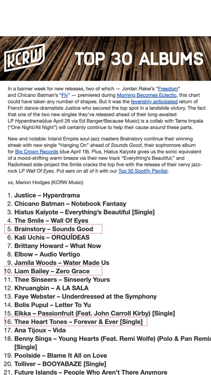 .@Brainstory00 x #LiamBailey x #TheeHeartTones featured on last week's @kcrw Top 30 chart