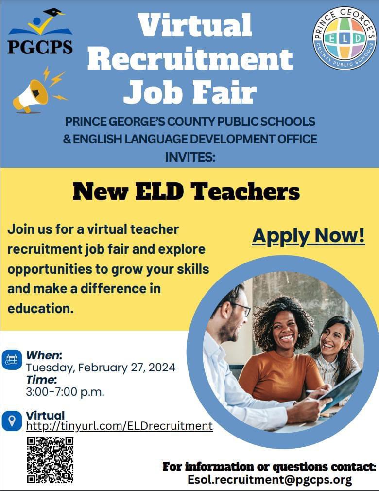 We are seeking English Language Development (ELD) teachers 📣Join us on Feb. 27 for a virtual teacher recruitment event to explore opportunities to grow your skills and make a difference!

Register: pgcps-org.zoom.us/meeting/regist…