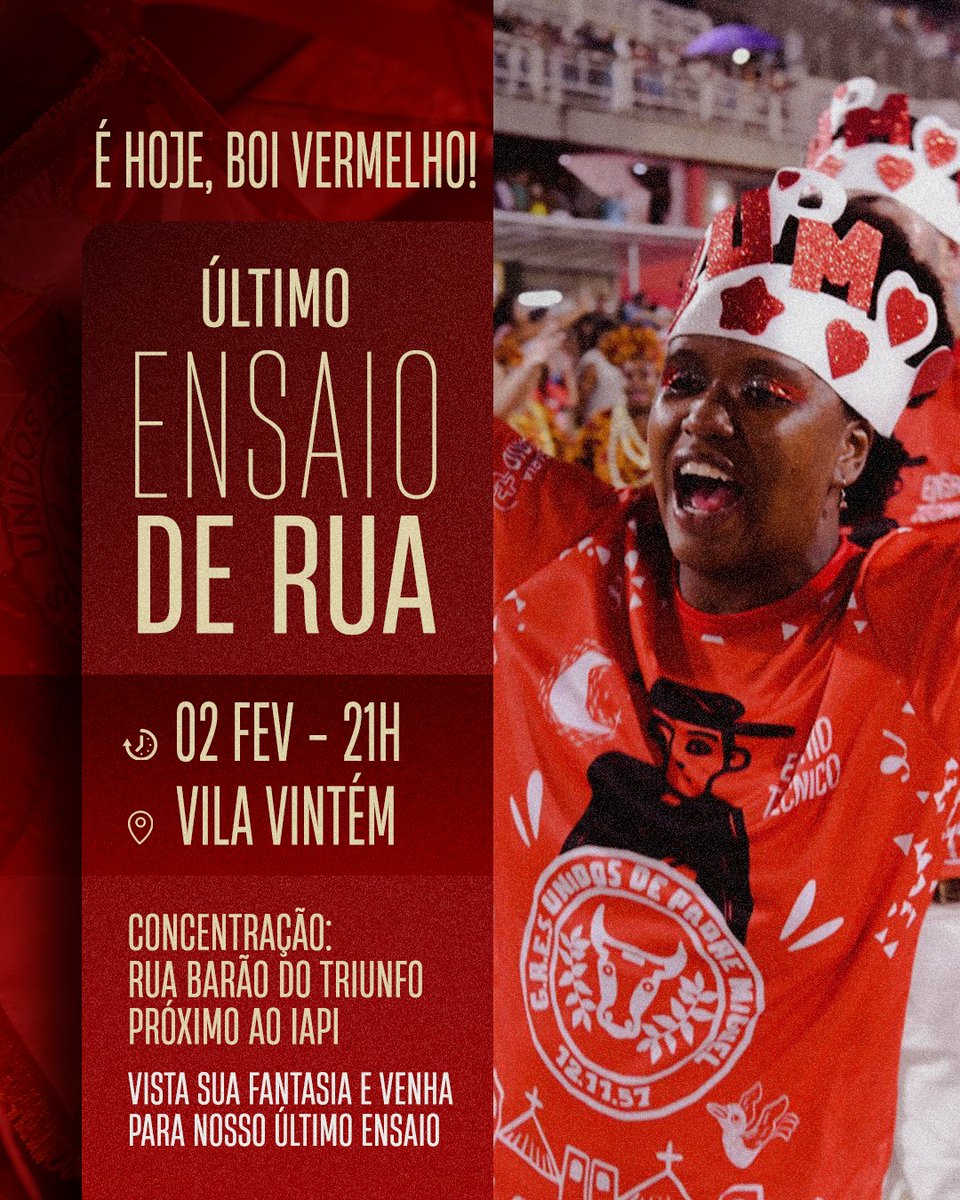 GRESUPM's tweet photo. Alô, Comunidade
⠀⠀⠀⠀⠀
Hoje vai rolar o nosso último ensaio de rua!
⠀⠀⠀⠀⠀
Vista sua fantasia e venha participar no nosso último treino antes do desfile oficial!
⏰ concentração às 21h
📍Rua Barão do Triunfo, próximo ao IAPI, na Vila Vintém.⠀⠀
#Botafequevai https://t.co/eikLdSIaGs