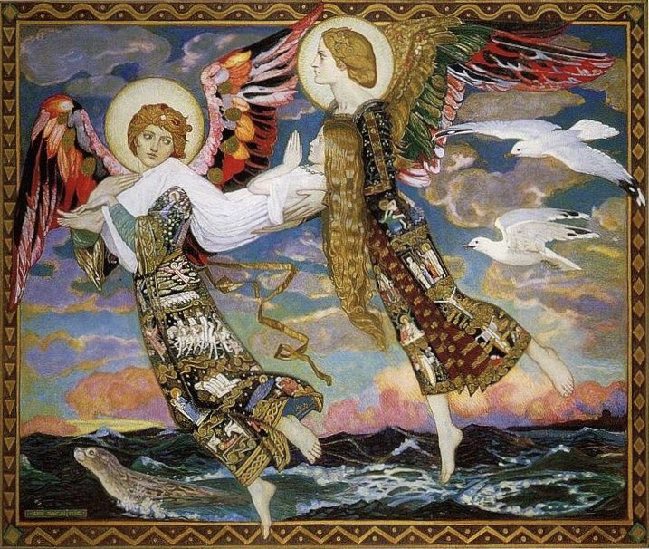CarlyanneMcCon1's tweet photo. Here is St Bride being gently carried by angels to the nativity of Christ accompanied by birds and a seal. In the distance is Iona Abbey. The angels robes are decorated with Celtic designs and scenes from the life of Christ.
#StBrigid #StBride
🎨John Duncan https://t.co/d0w1AD0h23