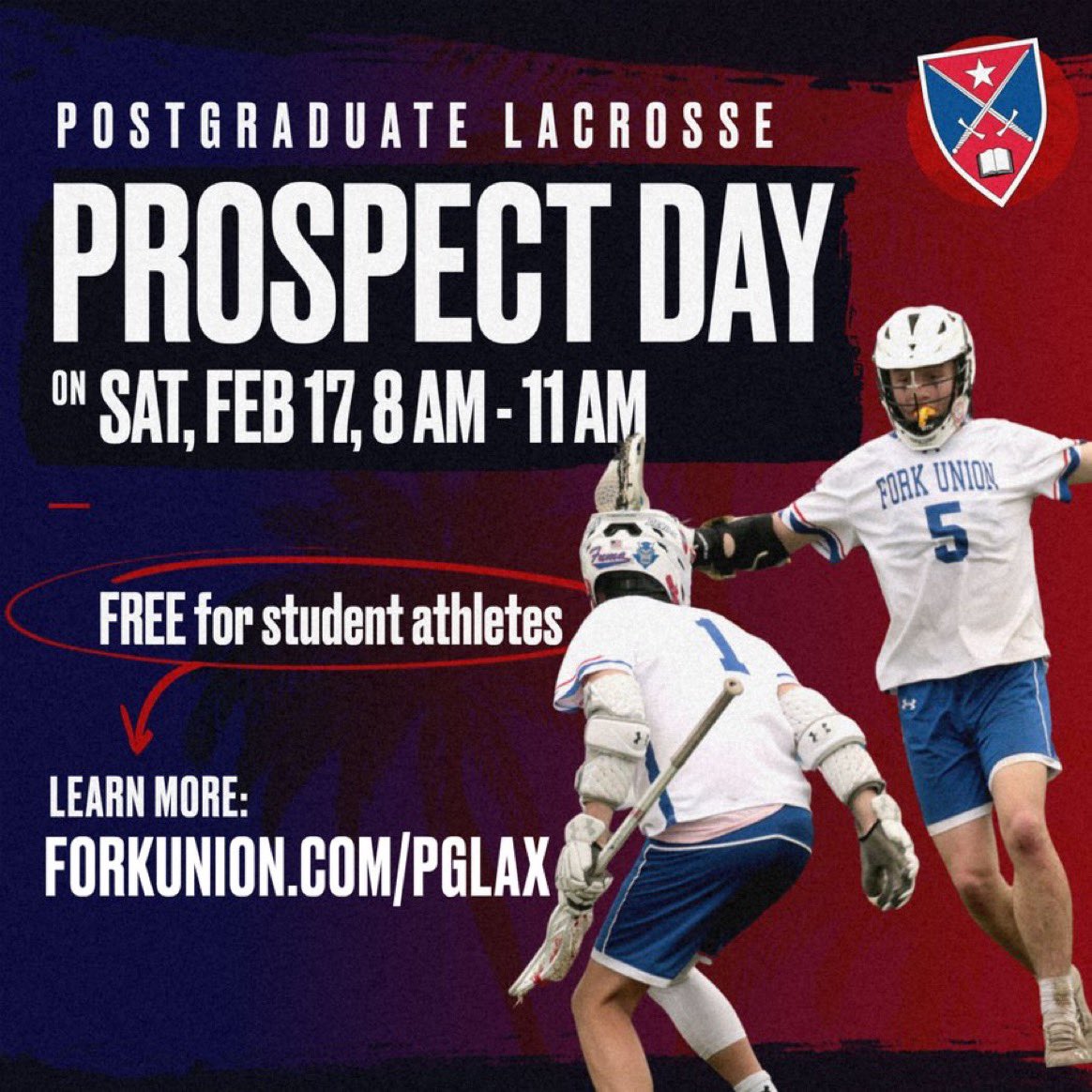 FREE Prospect Day <a href="/forkunion/">Fork Union Military Academy</a> Military Academy on Saturday 2/17/24 <a href="/FUMAAthletics/">Fork Union Athletics</a> 

Free Shirt ✅
Campus Tour ✅
Lacrosse Session ✅
Cost= $0❌

🚨NCAA D-1 game after Prospect Day
Virginia at Richmond @ 1pm
(Short drive to Richmond)

Registration Link ⬇️
forkunion.com/pglax