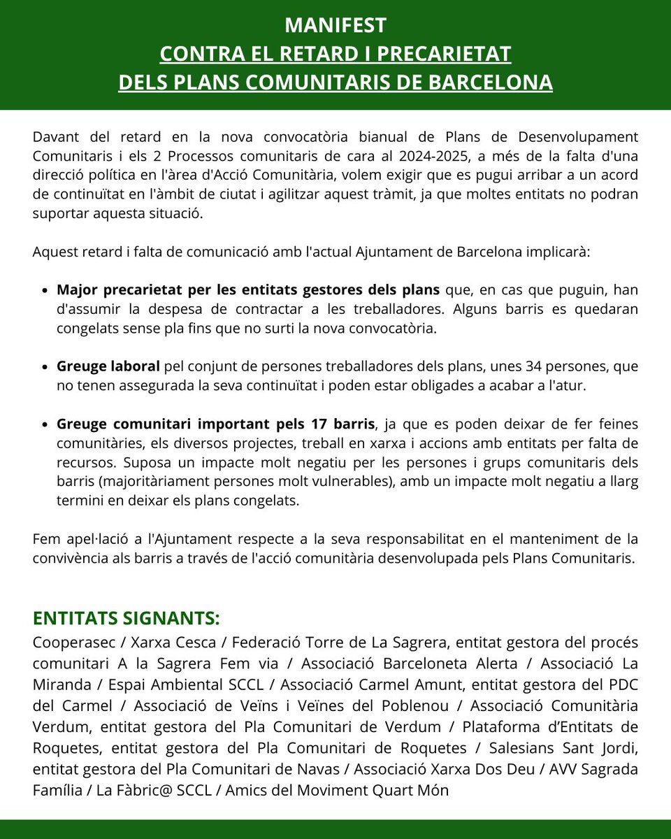 CooperaSec (@cooperasec) on Twitter photo ✊ Continuem denunciant el retard en la convocatòria dels Plans de Desenvolupament Comunitaris i els 2 Processos comunitaris 2024-2025.
Cada cop som més les entitats que ens sumem al manifest per apel·lar a <a href="/bcn_ajuntament/">Ajuntament de Barcelona</a> i al
<a href="/pscbarcelona/">PSC Barcelona/♥️</a> perquè ens donin una resposta 👇 ✊ Continuem denunciant el retard en la convocatòria dels Plans de Desenvolupament Comunitaris i els 2 Processos comunitaris 2024-2025.
Cada cop som més les entitats que ens sumem al manifest per apel·lar a <a href="/bcn_ajuntament/">Ajuntament de Barcelona</a> i al
<a href="/pscbarcelona/">PSC Barcelona/♥️</a> perquè ens donin una resposta 👇