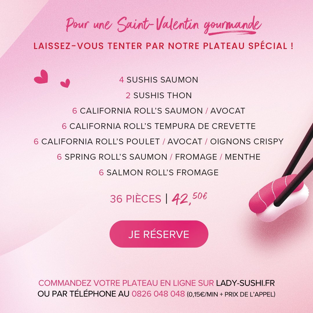 L’Amour avec un grand A ! ❤️

Réservez dès maintenant votre plateau Saint-Valentin dans votre restaurant Lady Sushi favori 💗
⁠
Je réserve mon plateau ! 💌 👇

lady-sushi.fr/carte/plateau-…

⁠