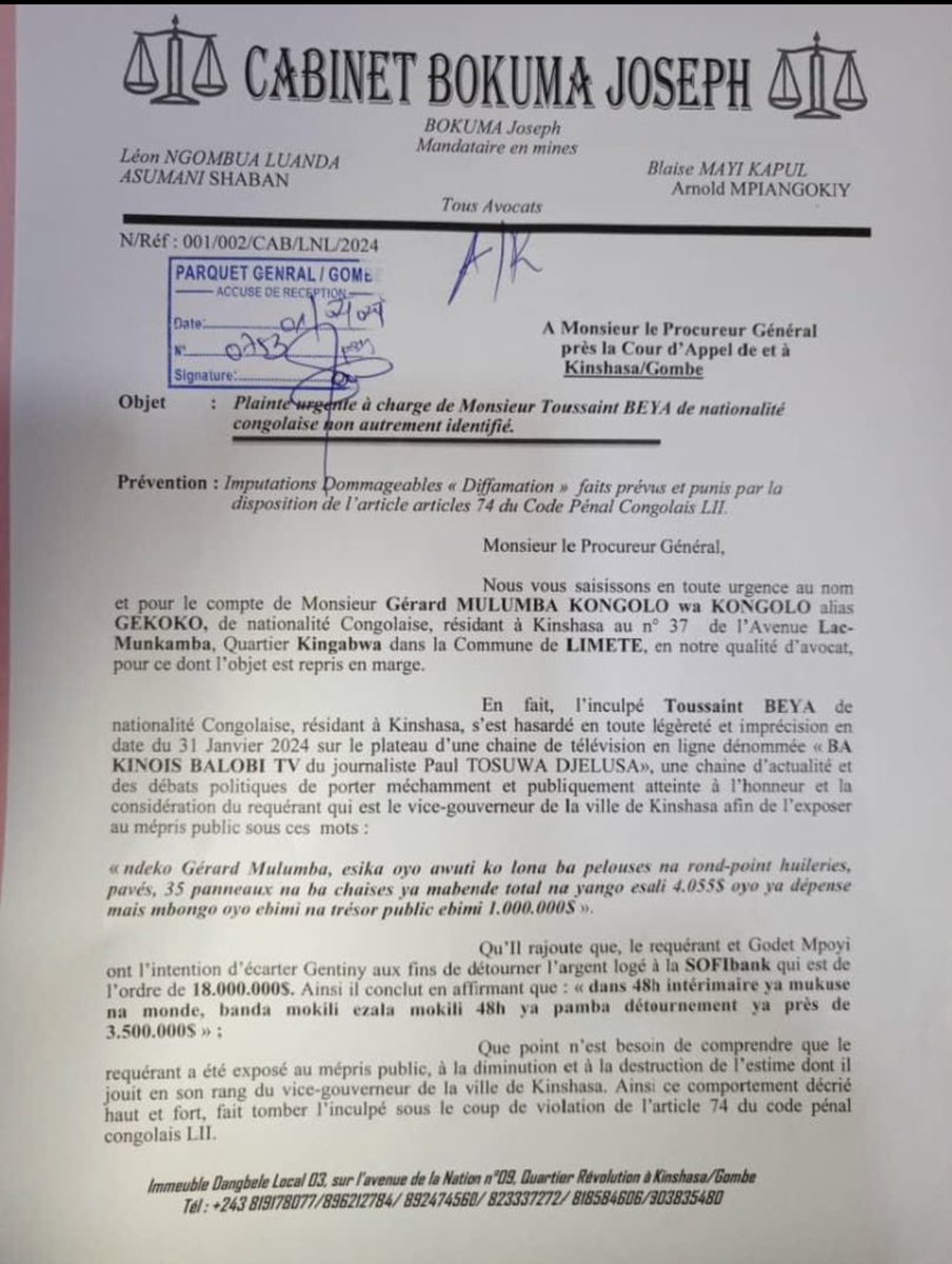 petertiani007's tweet photo. #RDC…Le Vice Gouverneur @MulumbaGecoco porte plainte  à charge de Monsieur Toussaint BEYA pour Imputations Dommageables « Diffamation » . Doc https://t.co/Wbu9jy4rfu
