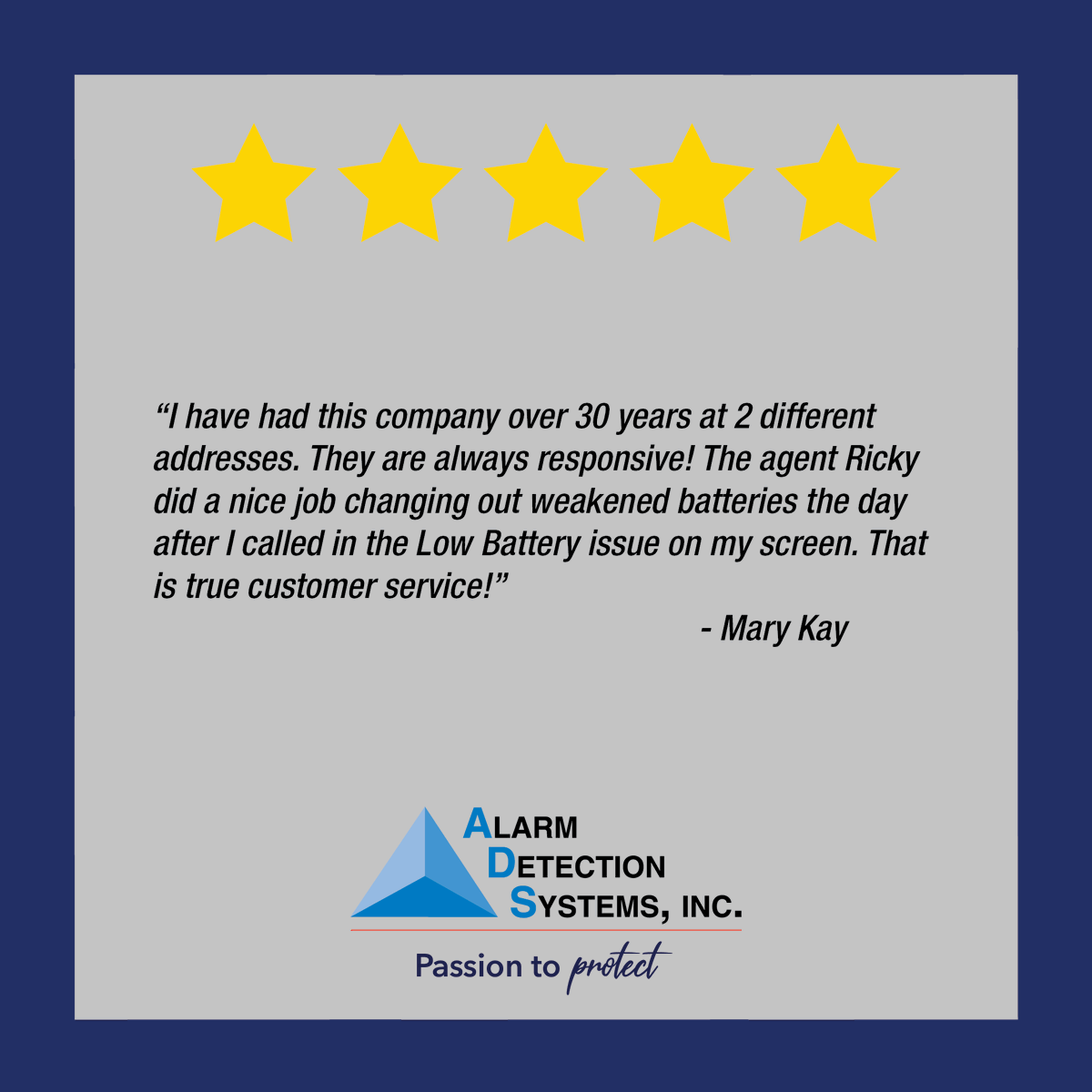 ADSalarm's tweet photo. ADS employees always work hard to bring our customers the best service. We love getting feedback. Thank you for the review, Mary Kay. https://t.co/0mo2WAFVBR