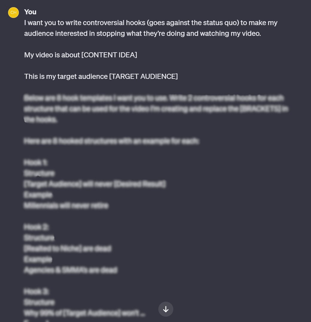 I created a ChatGPT mega-prompt that will generate 16 controversial hooks for your next piece of content.

I’ve used these hooks to generate millions of views for myself and my clients.

Like, RT and Comment "HOOK" and I'll DM it to you for FREE

(must be following)