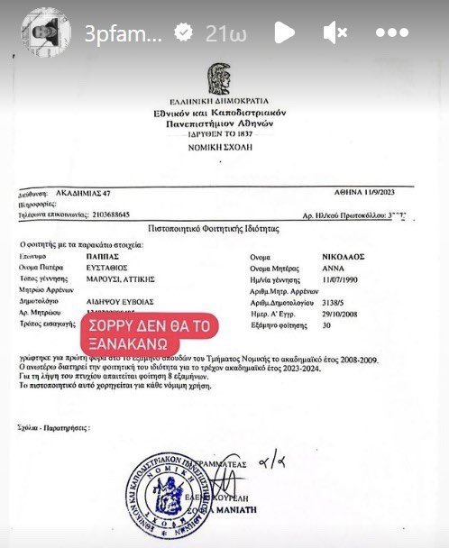 Ο Νίκος Παππάς μπήκε στη Νομική το 2008, χωρίς εξετάσεις, λόγω της 2ης θέσης της Εθνικής Εφήβων στο Πανευρωπαϊκό. 

Για τους δικούς του λόγους, το κρύβει εντέχνως με ένα κόκκινο πλαίσιο και ένα «αστειάκι». 

Μετά από σχεδόν 16 έτη, βρίσκεται στο 30ο εξάμηνο φοίτησης και τάσσεται