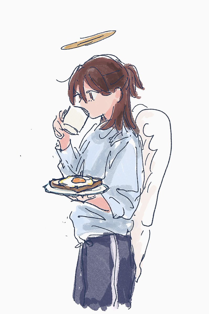 1girl fried egg halo solo holding brown hair cup  illustration images