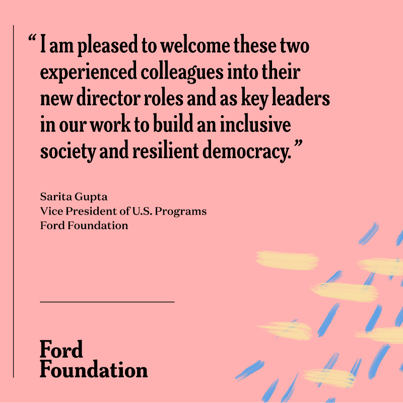 FordFoundation's tweet photo. We're proud to appoint our new U.S. program directors: Anita Khashu for Gender, Racial, and Ethnic Justice-US, and @chihuiyang for Creativity and Free Expression. Their leadership will be invaluable as we continue our fight for justice in the U.S. and globally. Learn more.