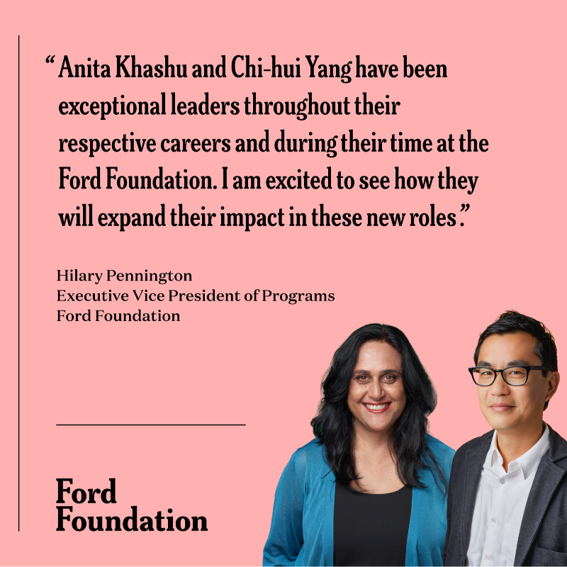 FordFoundation's tweet photo. We're proud to appoint our new U.S. program directors: Anita Khashu for Gender, Racial, and Ethnic Justice-US, and @chihuiyang for Creativity and Free Expression. Their leadership will be invaluable as we continue our fight for justice in the U.S. and globally. Learn more.