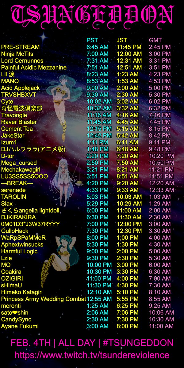 THE TIMES FOR THIS WEEKEND ARE NOW OUT TSUNGEDDON IS FINNA BE A BLAST, SO MAKE SURE TO STOP BY FOR SOME BREAKCORE CHAOS~!