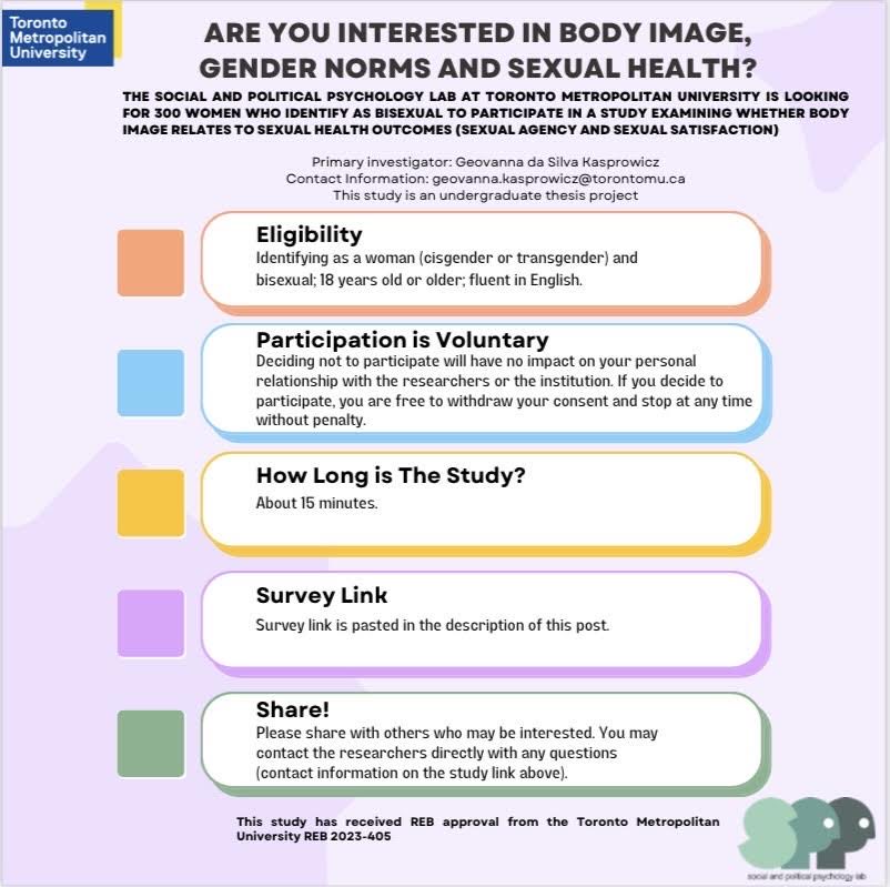 One of my undergrad thesis students is recruiting bisexual women aged 18 and older for a 15 minute survey study. Details in the poster. Feel free to share! Here is the link to the consent form and study for more information: ryersonpsych.co1.qualtrics.com/jfe/form/SV_9Y…