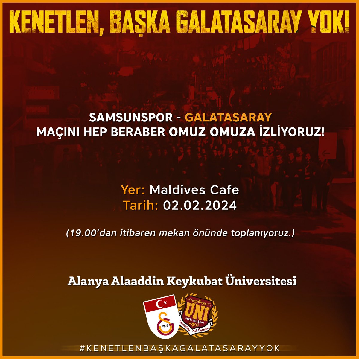 uAUNIALKU's tweet photo. İNANDIK BİZ SİZLERE!

Samsunspor maçını hep beraber omuz omuza izliyoruz.

🗓️:02.02.2024
⏱️:20.00 (19.00’dan itibaren toplanmaya başlıyoruz.)
📍: Maldives Cafe 

#ultrAlsanUNI
#AkdenizBölge
#uAUNIAlanya https://t.co/jVbDrUPsOP