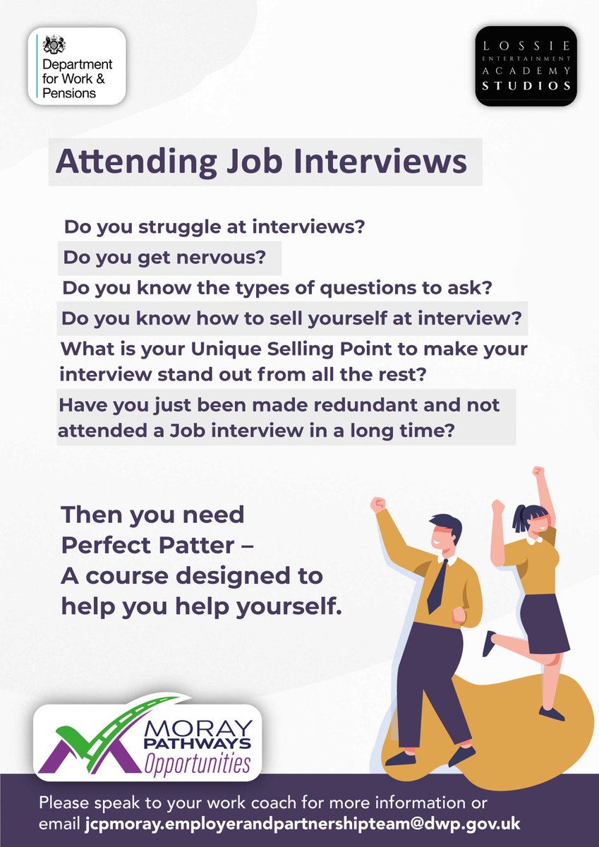 Together with our partners, @LossieEA, we are delivering a course to help DWP customers find their confidence in the job market.

If you struggle with nerves at interviews and could use some help, get in touch with your Work Coach for further information. 👇

#JobsInMoray