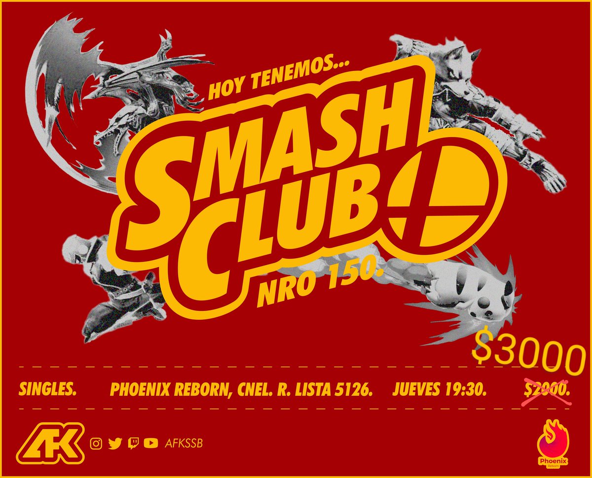 Afkssb's tweet photo. Hoy es #SMASHCLUB 150!
Nos vemos en Phoenix a las 19:30! Les prometemos que hay aire y bebidas fresquitas 🥺
Todavía pueden anotarse al torneo en:
https://t.co/JHFI39BY7p https://t.co/gPsEKUcsKy