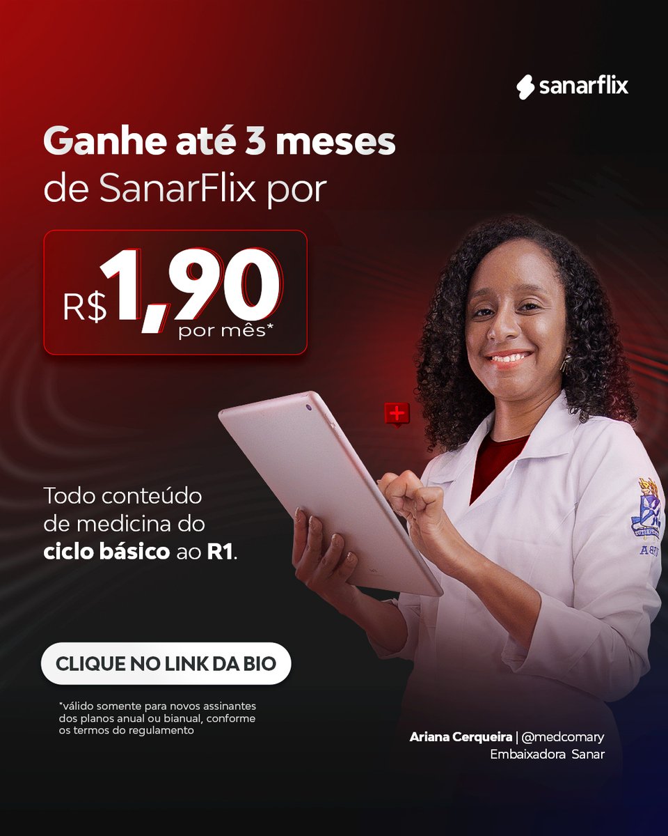 🚨 ATENÇÃO 🚨

Chegou o mês de volta às aulas e com novidade para você, calouro de medicina: você pode ganhar 3 meses de SanarFlix pagando apenas R$ 1,90 ao mês, assinando o plano anual ou bianual! 🤯😱

Demais, né? ✨

Corre para o link na bio e aproveite essa oportunidade! 🔗