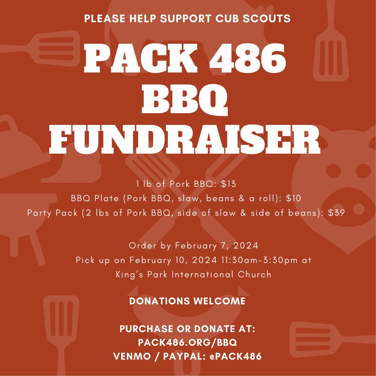 Pack486's tweet image. Only 6 days left to order your #BBQ from #pack486! Donations accepted, as well! pack486.org/bbq