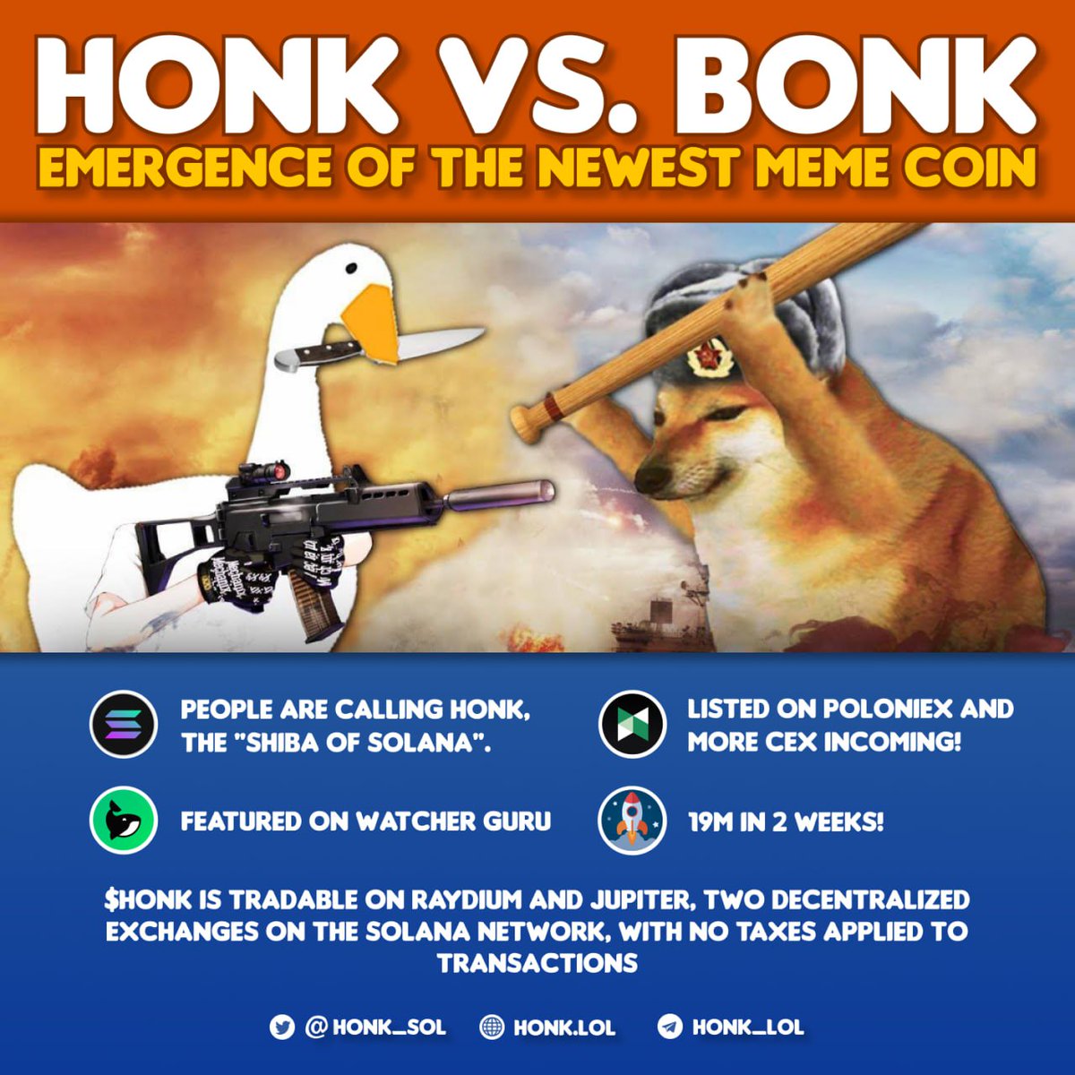 honk_sol's tweet photo. Let's initiate the propaganda! It's time to share the $HONK flyer everywhere to let people know that we're emerging as a force to be reckoned with. 

$HONK will reign supreme!🪿

#SOL #SOLANA #BONK #GOOSE https://t.co/QQXrCSAJCZ