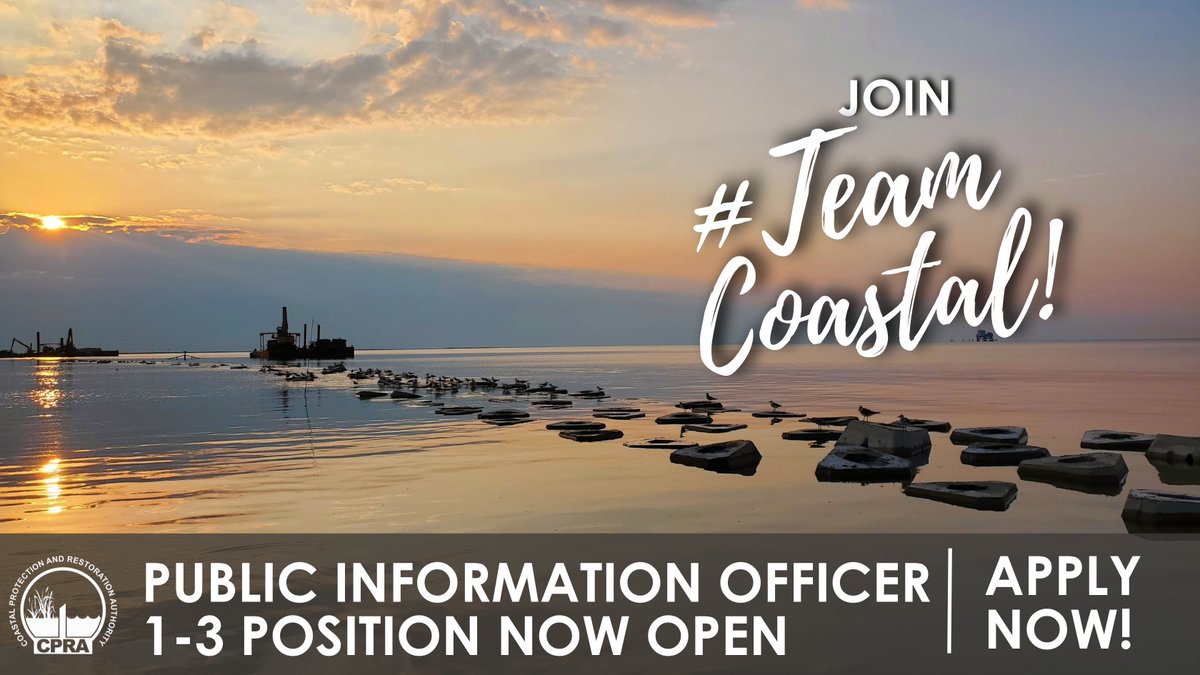 LouisianaCPRA's tweet photo. Join #TeamCoastal!🌊 We're searching for a creative mind to capture the essence of our coastal restoration and protection initiatives. As a PIO for CPRA, you’ll capture the beauty of our coastal projects through photos, videos and drone footage. ➡️https://t.co/f9yfkAVWM5 https://t.co/pbrEstwwRv