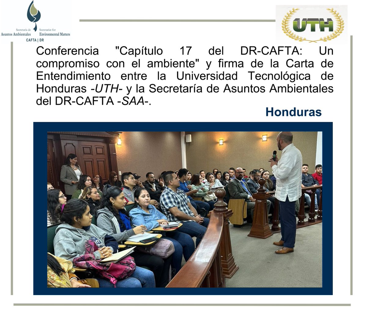 El pasado 29 de enero, el equipo de la SAA, en colaboración con Universidad Tecnológica de Honduras <a href="/UTHEDU/">UTH</a>, marcó un hito importante al firmar una Carta de Entendimiento. 
Este acuerdo solidifica nuestro compromiso de difundir y proteger el medio ambiente en Honduras.
