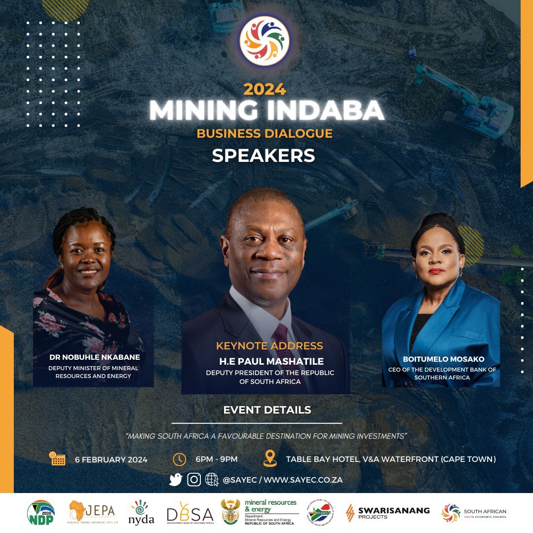 We are pleased to have the Deputy Minister of @DMRE_ZA Dr Nobuhle Nkabane with us, who will provide an overview of the mining sector in SA and the work of the Department. We are pleased to also have the CEO of @DBSA_Bank Boitumelo Mosako 🇿🇦🇿🇦 #SAYECMiningIndaba