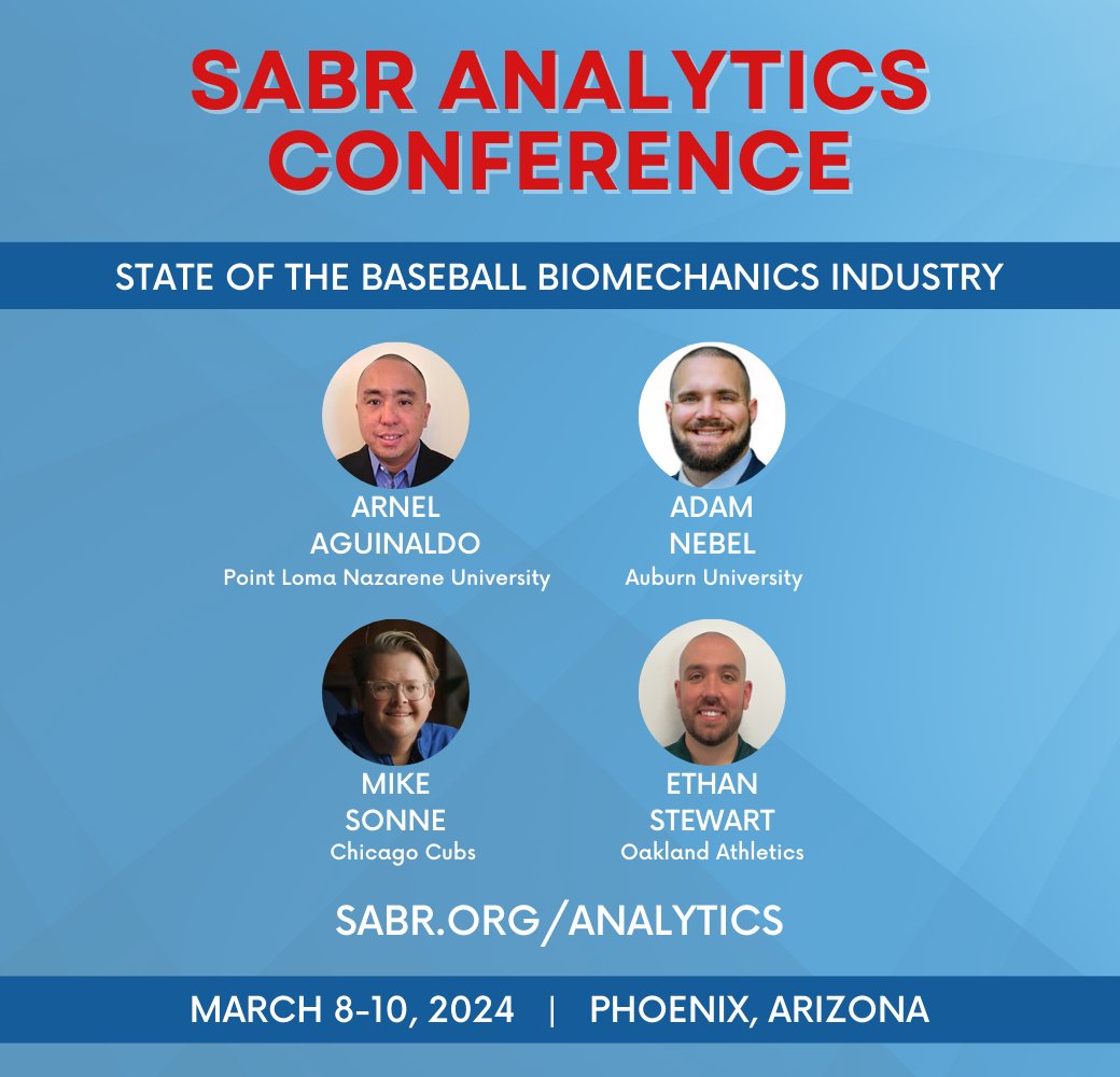 SABR (@sabr) on Twitter photo Join us at #SABRanalytics on March 8-10 at <a href="/ASUCollegeOfLaw/">Sandra Day O’Connor College of Law at ASU</a> in Phoenix to hear about the State of the Baseball Biomechanics Industry, featuring <a href="/Arnel_Aguinaldo/">Arnel Aguinaldo</a>, Adam Nebel of <a href="/AuburnBaseball/">Auburn Baseball</a>, <a href="/DrMikeSonne/">Mike Sonne</a> of <a href="/Cubs/">Chicago Cubs</a>, and <a href="/ethanstewart14/">Ethan Stewart, M.S.</a> of <a href="/Athletics/">Athletics</a>: sabr.org/latest/2024-sa… Join us at #SABRanalytics on March 8-10 at <a href="/ASUCollegeOfLaw/">Sandra Day O’Connor College of Law at ASU</a> in Phoenix to hear about the State of the Baseball Biomechanics Industry, featuring <a href="/Arnel_Aguinaldo/">Arnel Aguinaldo</a>, Adam Nebel of <a href="/AuburnBaseball/">Auburn Baseball</a>, <a href="/DrMikeSonne/">Mike Sonne</a> of <a href="/Cubs/">Chicago Cubs</a>, and <a href="/ethanstewart14/">Ethan Stewart, M.S.</a> of <a href="/Athletics/">Athletics</a>: sabr.org/latest/2024-sa…