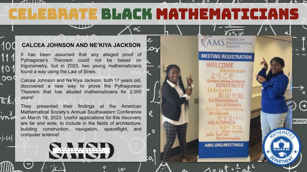 SAISD Mathematics (@saisd_math) on Twitter photo The BEAC of <a href="/SAISD/">San Antonio ISD</a> honors Calcea Johnson and Ne’Kiya Jackson as pioneers in mathematics! The discovery made by Calcea and Ne’Kiya shows the world that mathematics is still evolving and we learn more everyday! Learn more at: scientificamerican.com/article/2-high… <a href="/DrJaimeAquino/">Jaime Aquino</a> #BHM #mathrocks The BEAC of <a href="/SAISD/">San Antonio ISD</a> honors Calcea Johnson and Ne’Kiya Jackson as pioneers in mathematics! The discovery made by Calcea and Ne’Kiya shows the world that mathematics is still evolving and we learn more everyday! Learn more at: scientificamerican.com/article/2-high… <a href="/DrJaimeAquino/">Jaime Aquino</a> #BHM #mathrocks