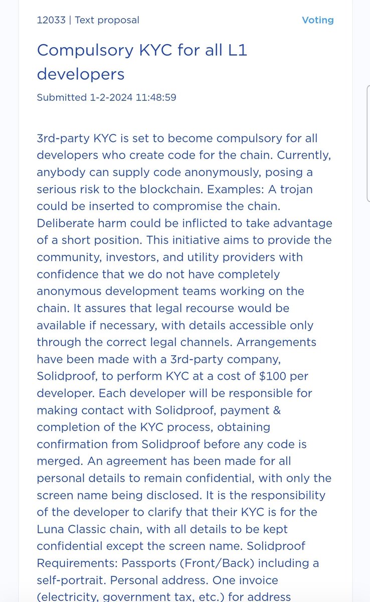 Dear #LUNCcommunity, regarding prop #12033. We should welcome any devs willing to contribute to our chain. If we have a good codereview system in place this is redundant. Let's try to attract devs, not scare them away. It's not like there's tons of devs out there. No with veto!