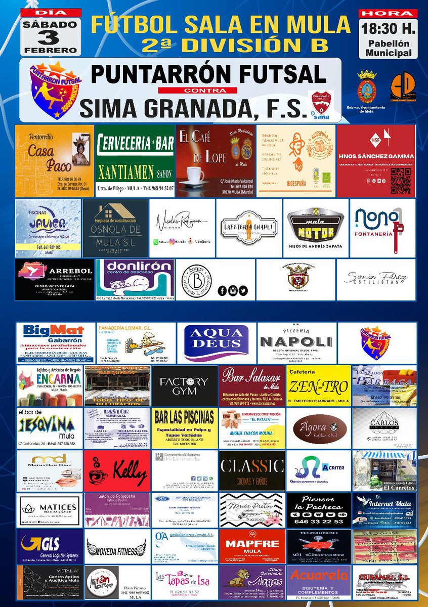 SEGUNDA B |

🟡 Volvemos a jugar en casa. Importante partido para demostrar que en casa somos un equipo fuerte y que aquí conseguiremos el objetivo.

📅Sabado 3
⏰18:30
🏟Pabellón Municipal
⚔️<a href="/GranadaFS/">SIMA Granada F.S.</a> 
🎟4€

¡¡¡Afición os necesitamos!!! 💪🏽💛