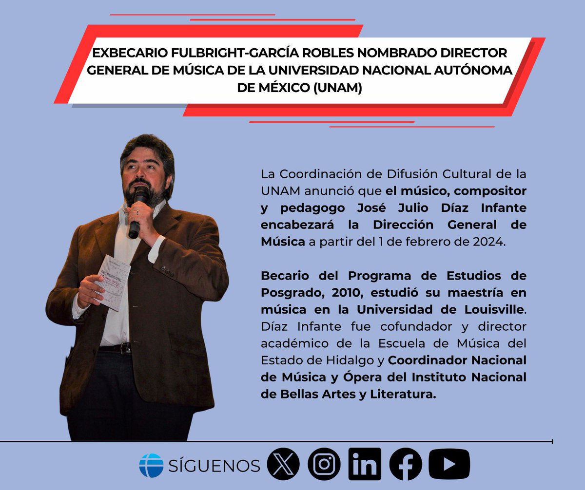 🚨ATENCIÓN: NOTICIAS RECIENTES DE EXBECARIOS 🚨

A partir de hoy, exbecario #fulbrightgr encabezará la Dirección General de Música de la @UNAM_MX 

#comexus #fulbrightgrstory #unam