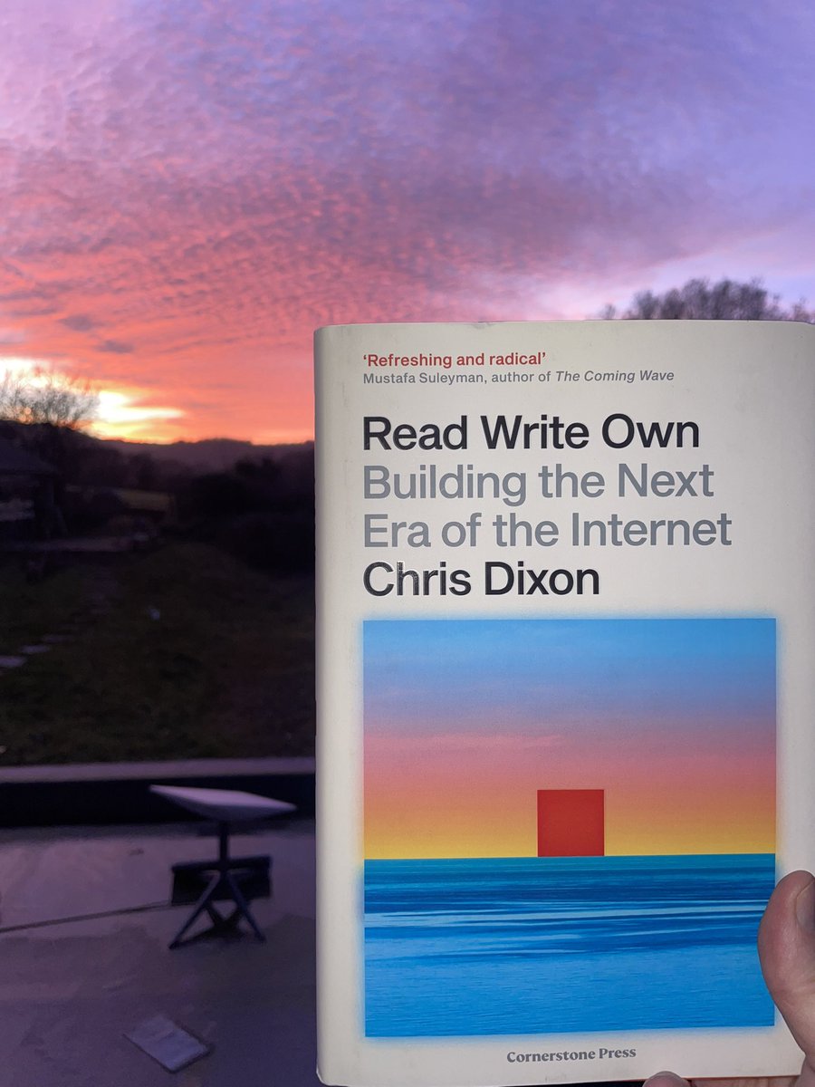 Read Write Own by <a href="/cdixon/">Chris Dixon</a> <a href="/a16zcrypto/">a16z crypto</a> received on its day of launch with this sky in the Devon,UK countryside, ordered last night via the centralised amazing services of Starlink and Amazon. Decentralisation has a big hill to climb but excited to read how we might get there.