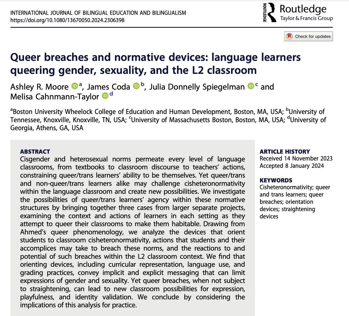 So happy to share the fruits of this collaboration into LGBTQ+ agency in language classrooms! tandfonline.com/eprint/QCHTJER… With gratitude to my wonderful co-authors @AshleyRMoore3 @cahnmann @codaj04 🥰