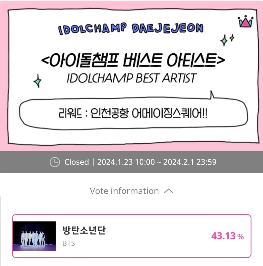 lumi_essence's tweet photo. IDOLCHAMP DAEJEJEON WINNER
#JIMIN and @BTS_twt will receive a physycal trophy and large media AD at Incheon Airport
Congratulations Jimin
#LikeCrazyBestSong
Congratulation BTS
#BTSBestArtist https://t.co/EmoXJ6ZfmO