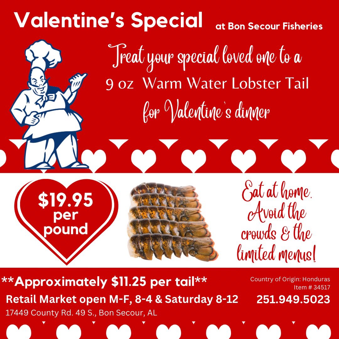 BonSecourFish's tweet photo. Warm water lobster tails would make a great dinner surprise for your Valentine!  At $19.95 /lb, each 9 oz tail is approximately $11.25. (Product of Honduras). 

Call us at 251.949.5023 &amp; we will have it ready when you get here! 17449 County Rd 49 S., Bon Secour, AL

#seafood https://t.co/yjcB8c4bhe