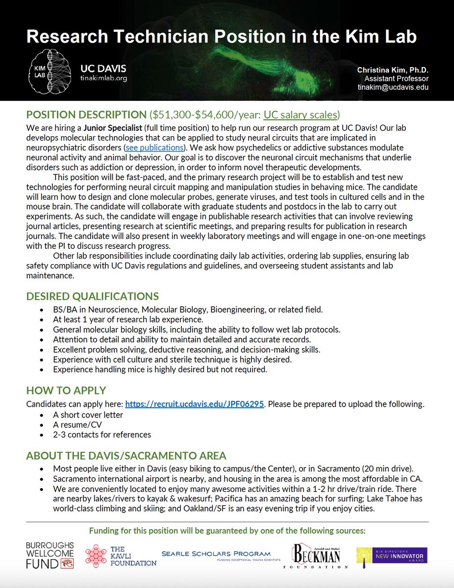 We are hiring a tech in our lab @ UC Davis! We develop tools to study how neural circuits elicit behavioral changes in motivation/memory/drug-use. Apply here: recruit.ucdavis.edu/JPF06295 You can expect a friendly & fast paced learning environment, publications, and conferences!
