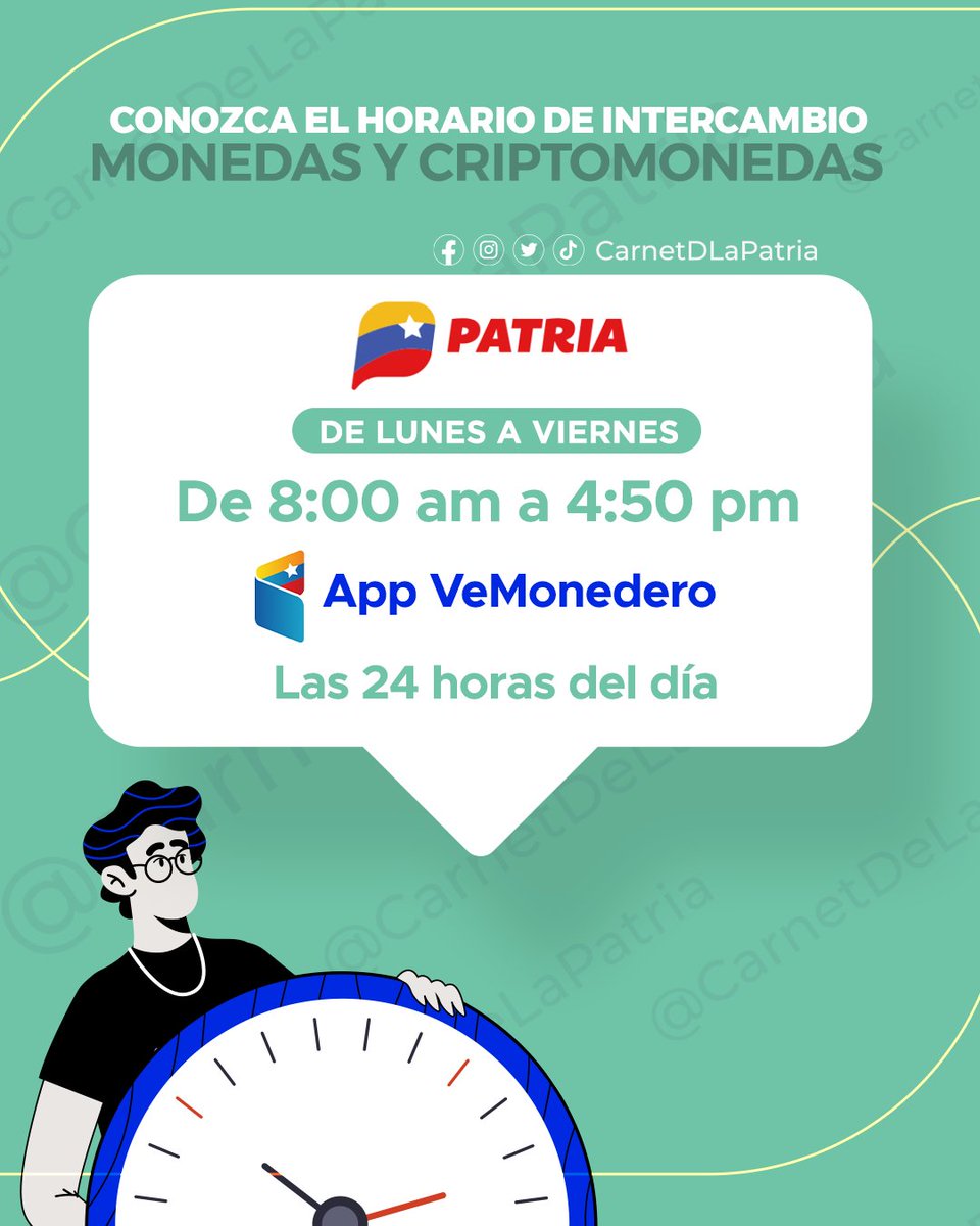 #ENTÉRATE|| La #PlataformaPatria informa que el horario de funcionamiento del Sistema de Intercambio de Monedas y Criptomonedas, será los días hábiles de lunes a viernes de 8:00AM a 4:50PM. #FebreroAntiimperialista #1Feb