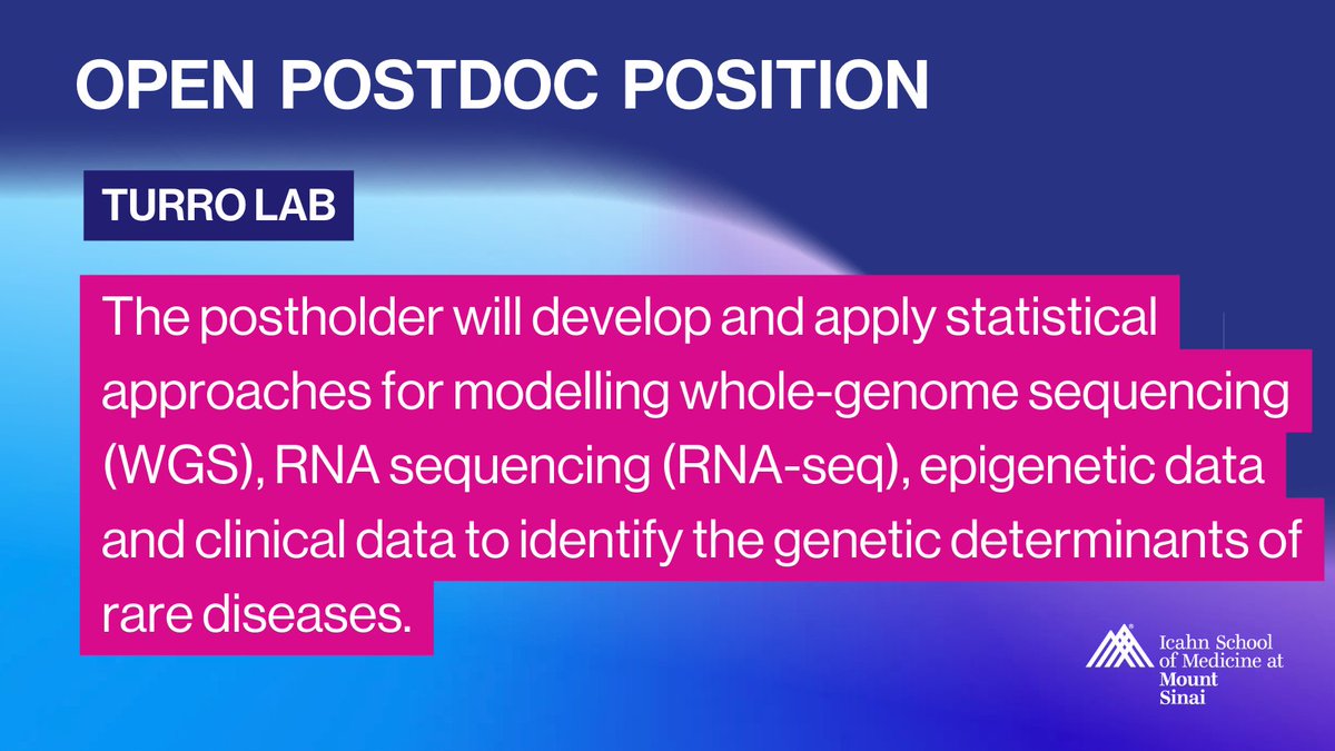 Open #postdoc #biostatistician #bioinformatician position in the lab of Ernest Turro to develop & apply statistical approaches for modeling WGS, RNA-seq, epigenetic data & clinical data to identify genetic determinants of #rarediseases: mountsinaigeneticscareers.org/postdoc-biosta… #postdocposition