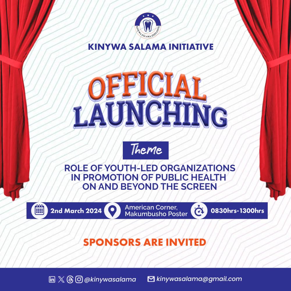 Official Launch for  KINYWA SALAMA INITIATIVE!
Join us for a compelling conversation on the crucial role of youth-led initiatives in advancing public health, both on and beyond the screen in Tanzania.Are you ready for this?
#KinywaSalama 
#YouthInAction #Afyajamii  #hatuachimtu