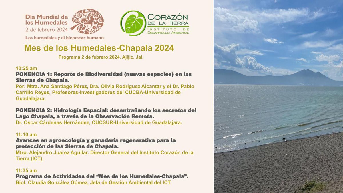 CorazonOSC's tweet photo. 🗓️¡Checa nuestro programa de actividades del viernes, 2 de febrero, Día Mundial de los Humedales!💦🌱

📢Y recuerda, en el #InstitutoCorazóndelaTierra conmemoraremos todo febrero como Mes de los Humedales con diferentes actividades de académicas, productivas y de divulgación. https://t.co/iKDKgCGtoq