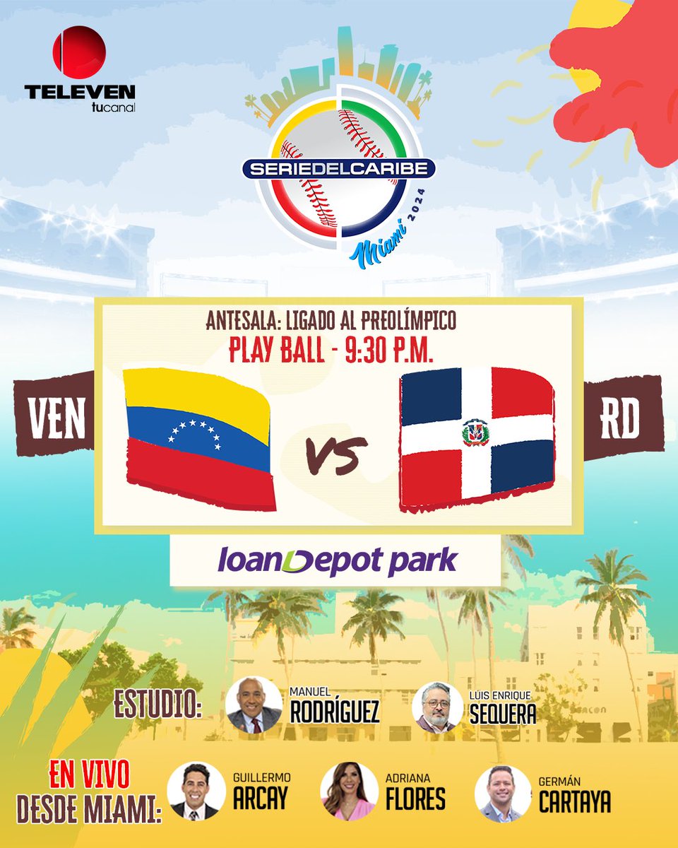 Teledeportes_10's tweet photo. ¡Miami lo confirmó! 🇻🇪
🗓️ Jueves 01/02/2024
🏟️LoanDepot Park
🏙️ Miami, USA 
🕡 9:30 pm 
📺 @Canal_Televen 
📲 #BeisbolXTeleven https://t.co/223islDcAt