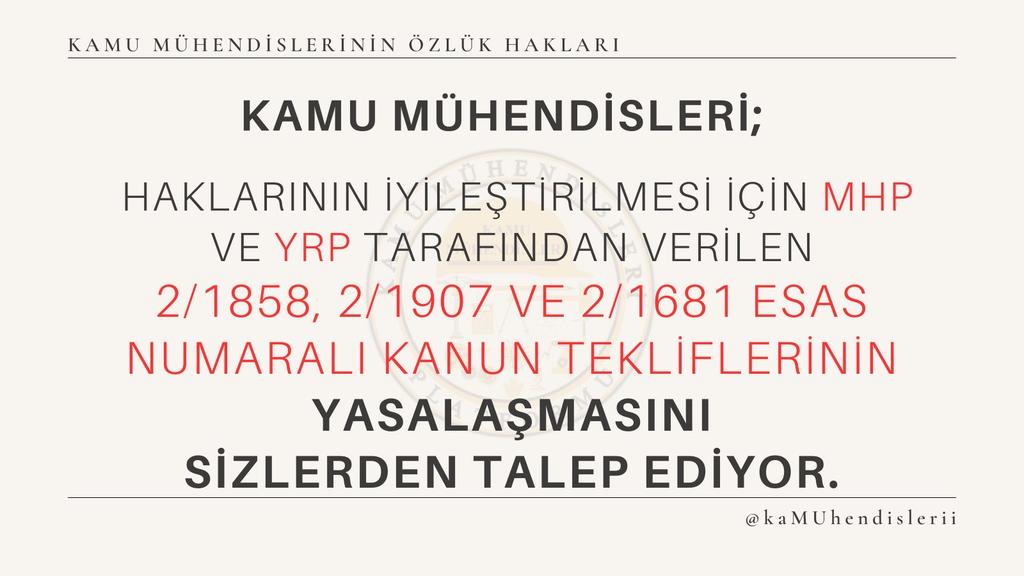 <a href="/kaMUhendisleri/">Kamu Mühendisleri Platformu</a> Kamu mühendisleri, mağduriyetlerinin bir nebze olsun giderilmesi için meclise verilen Mühendislik Meslek Kanunu ile ilgili kanun teklifinin kabul edilmesini bekliyor. 
#MühendisineSahipÇık
#HerkeseVarMuhendiseYok
