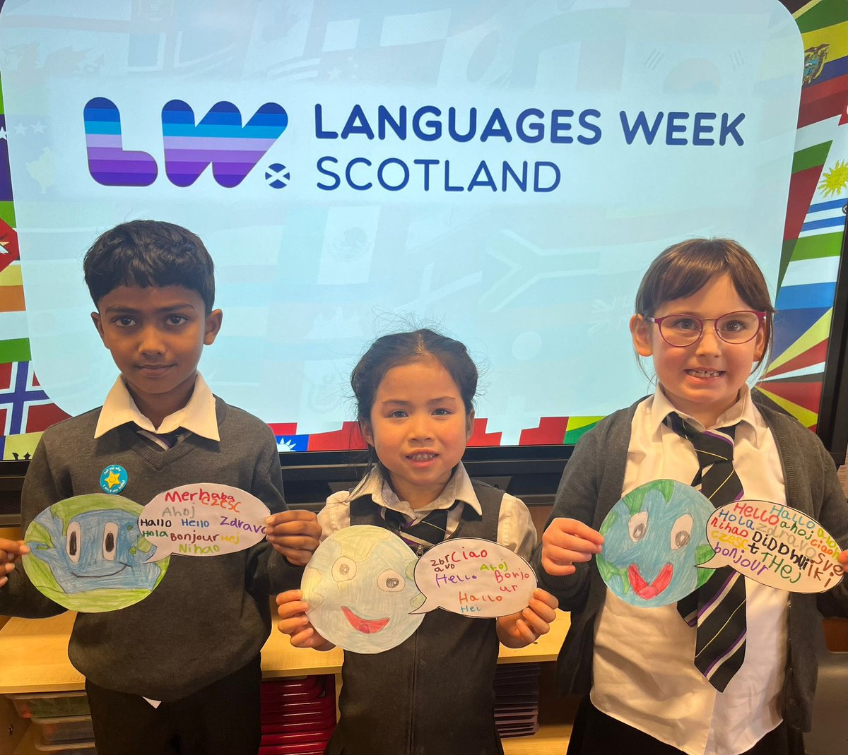 sja_languages's tweet photo. P2 have been celebrating Language Week Scotland by learning how to say hello in different languages around the world @st_johnsacademy #ScotlandLovesLanguages https://t.co/tqqhDGOLtM