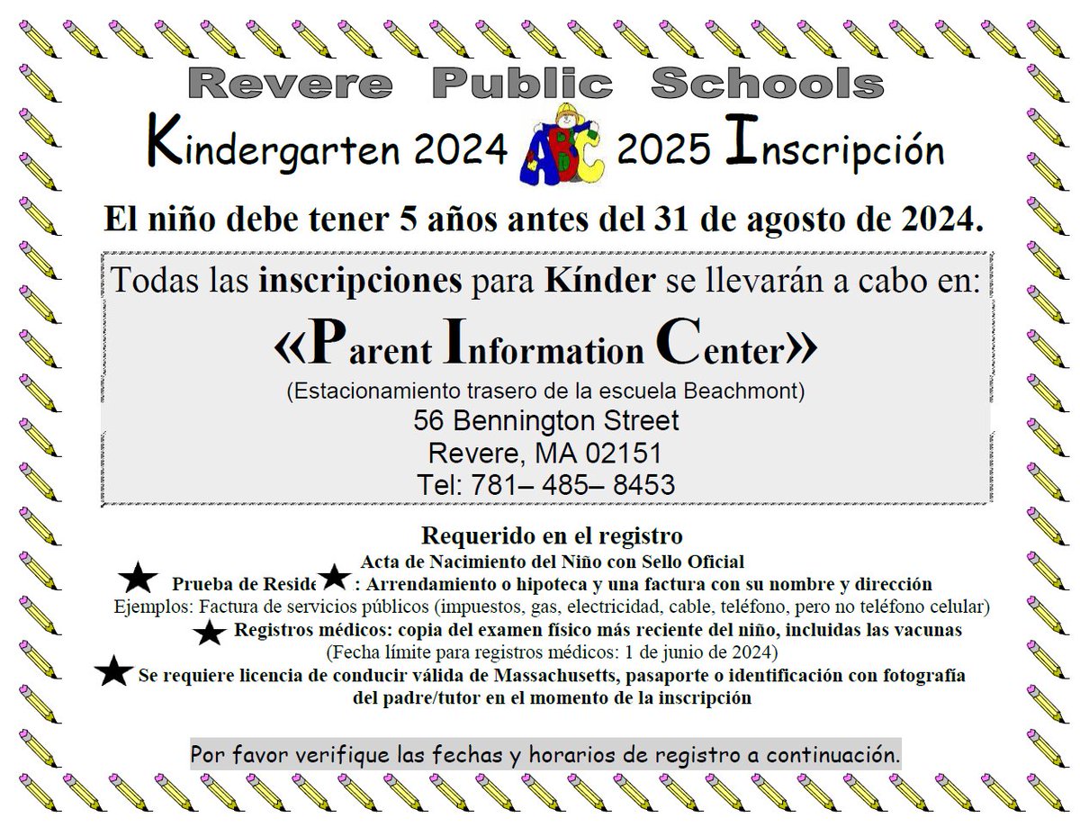 RPSCommunicates's tweet photo. Join the RPS Family! 2024-2025 RPS Kindergarten Registration begins Monday, Feb. 5 at the PIC Center. 

For Registration Dates &amp; Times in English, Spanish, Portuguese, Arabic and French, Visit: https://t.co/7KWxVYnjHi 

@RPS_Super @RPS_AsstSuper @RevereAsstSuper @lourenco962 https://t.co/foFkKGMjco