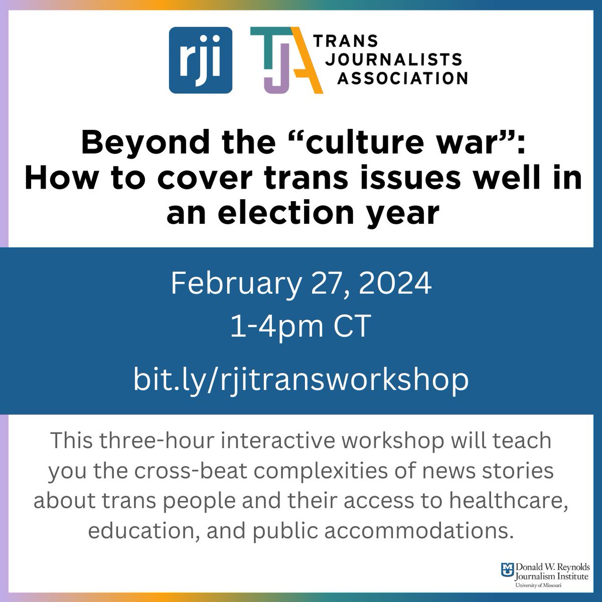 Calling all journalists 📢 Get past political back-and-forth to find the actual news at the heart of the rhetoric. Sign up for our online interactive workshop with @RJI to dig into high-impact reporting about trans communities in your coverage area.