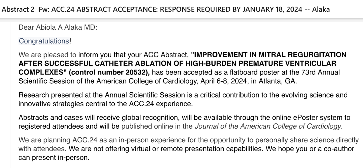 I couldn't be more excited about the opportunity to be presenting two abstracts during the next #ACC24 in Atlanta, Georgia. I am incredibly grateful for the opportunity and mentorship of many including those not on medtwitter. #BlackHistoryMonth #ACC24 #MENTORSHIP #HealthEquity