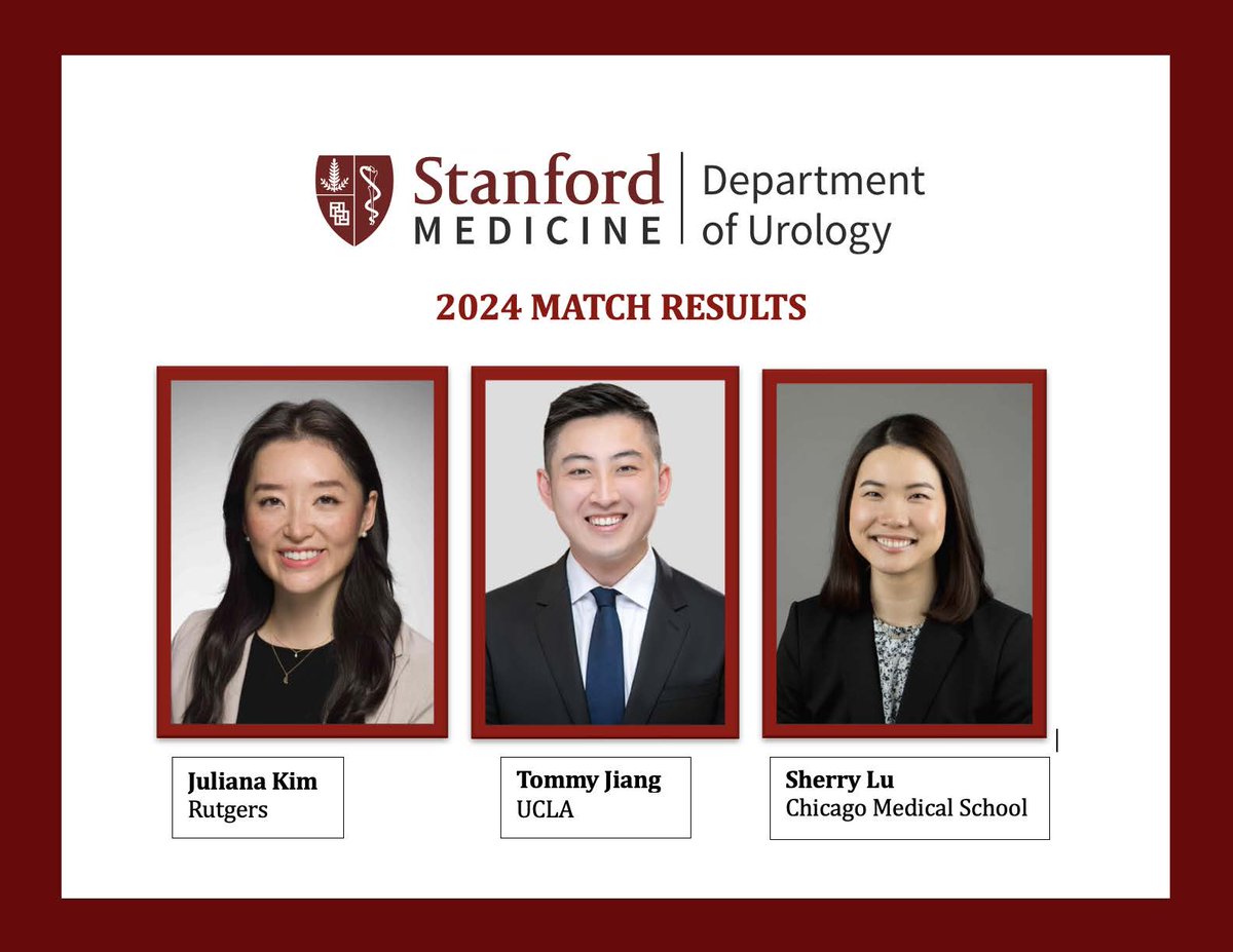 Happy Match Day! Stanford Urology is excited to announce that we matched @julianakim04 from @RWJMS, @TommyJiang_2023 from @dgsomucla & @sherry_lu5 from @ChicagoMedEdu ! Welcome to the Farm! @AmerUrological @UrologyMatch #UroMatch #Match2024