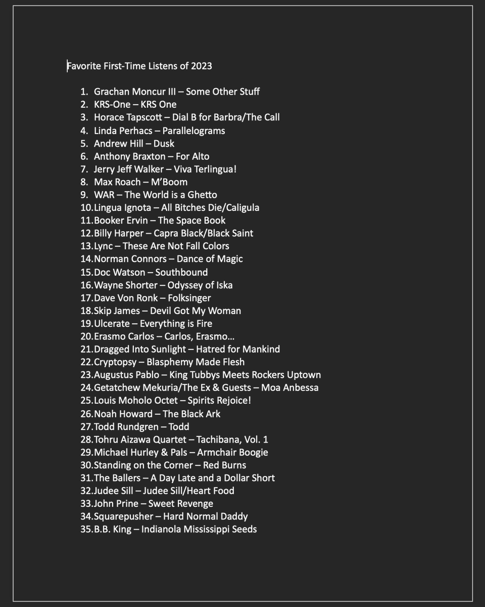 2023 lists. took an extra month to play catch-up on a few blind spots. if all my undistributed picks get put out by end of 2024, it's already a great year.